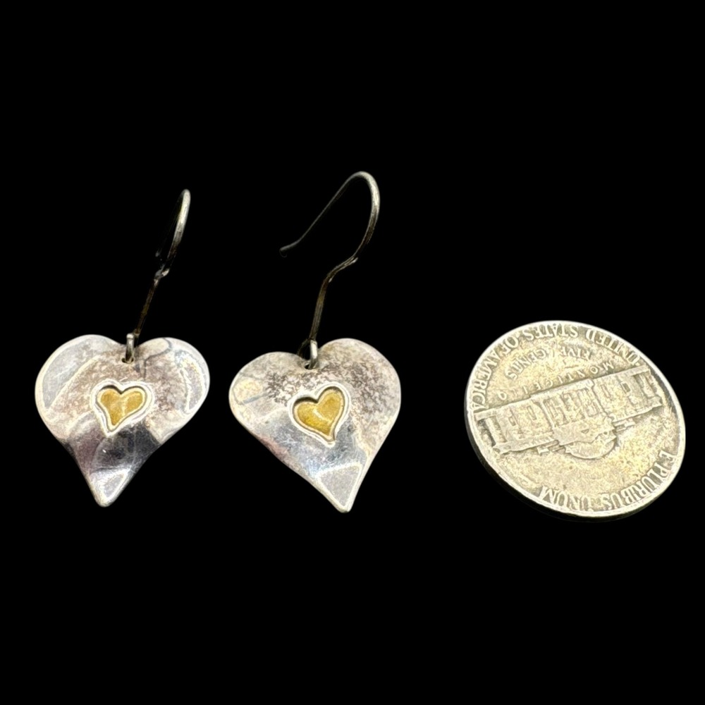 Handmade Sterling Silver Heart Earrings Gold Tone Accent Dangle‎ Hook Back D14Q